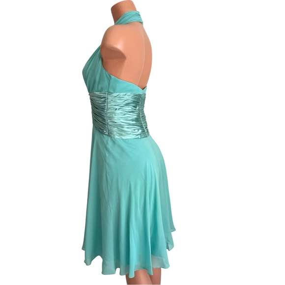 Vintage Maggy London Silk Halter Midi Dress Teal Open Back Party Dress Size 8P - Picture 6 of 11
